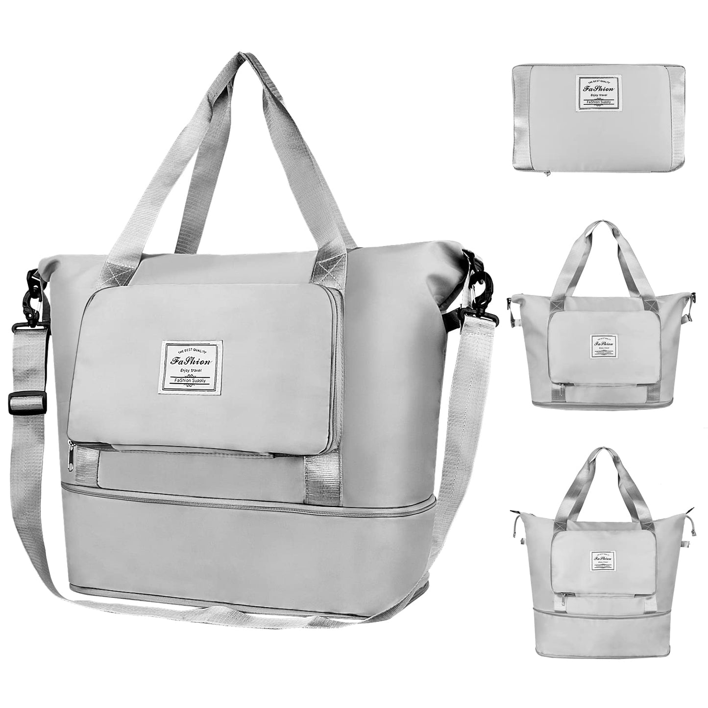 Foldable Travel Duffel Bag,Large Capacity Gym Tote Bag with Detachable Long Strap, Dry Wet Separated Overnight Bag (Gray)