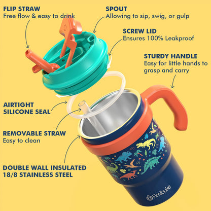 Fimibuke Kids Insulated Tumbler with Handle & Straw - 16oz Leak Proof Toddler Tumbler with Sip/Swig 2-in-1 Lid, BPA FREE 18/8 Stainless Steel Kids Water Bottle Drinking Cups Travel Mugs for Boys Girls