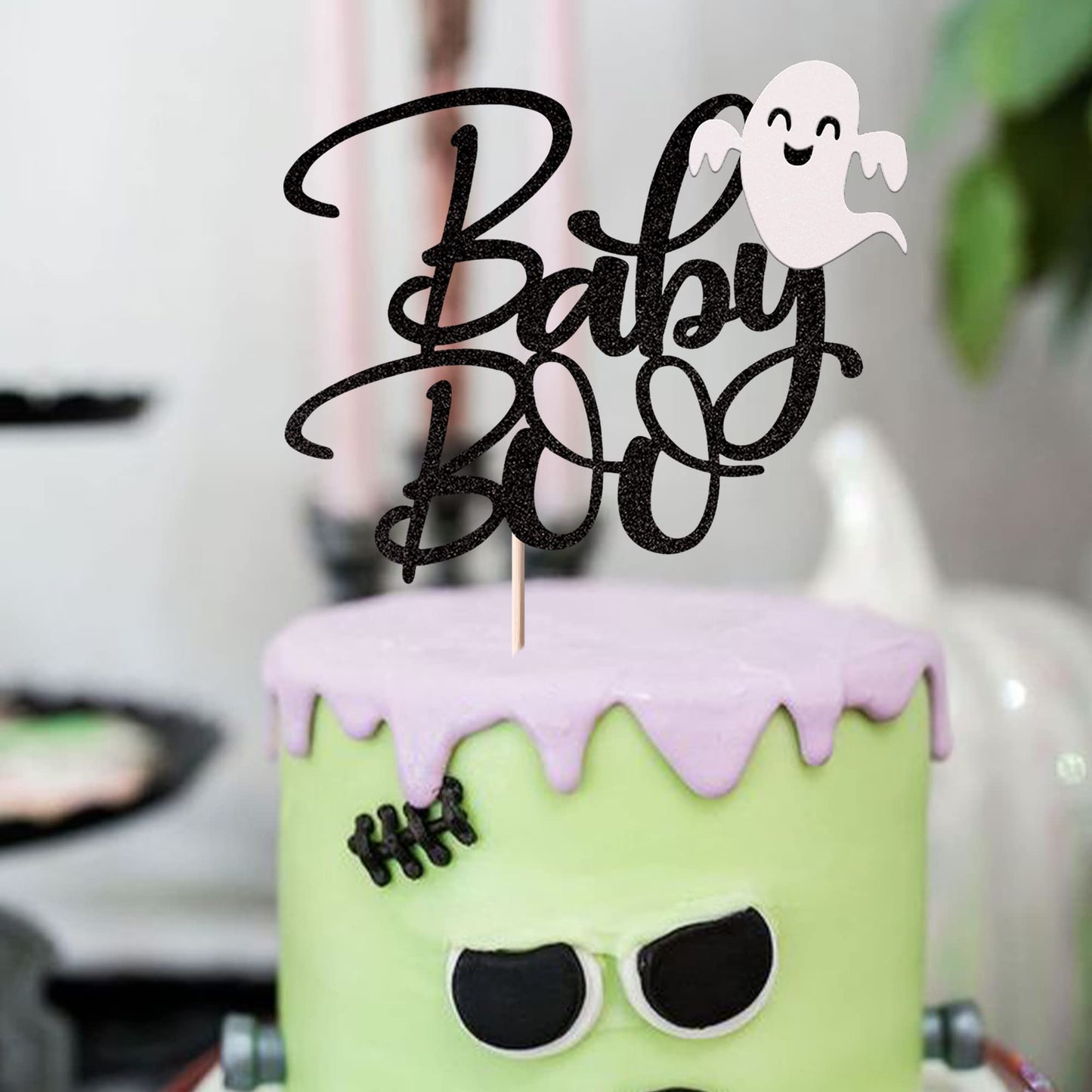 Rsstarxi 1 Pack Ghost Baby Boo Cake Topper Glitter Spooky Little Boo Cake Pick for Halloween Theme Baby Shower Kids Boys Girls Birthday Party Cake Decorations Supplies Black