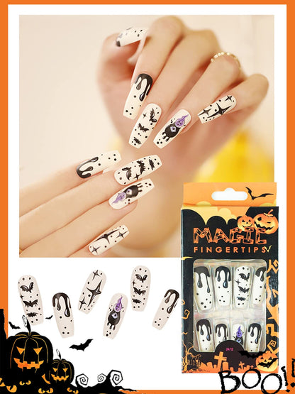 96 Pcs Halloween Press on Nails, Wsimily Halloween Long Coffin Acrylic Artificial False Nails Fake Nail with 96 Pcs Nail Adhesive Tabs, Pumpkin Spider Bat Design for Women Girl Nail Art Decoration
