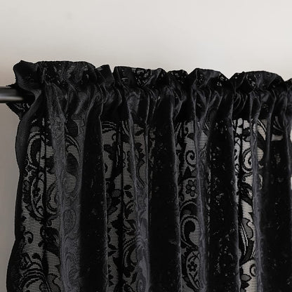 Black Lace Kitchen Curtains Tier and Valance Set 3 Pieces Elegant Gothic Cafe Curtains with Valance 36 Inch Length Rod Pocket Witchy/Skull /Halloween Decor for Laundry Room Bathroom RV, 52" x 36"