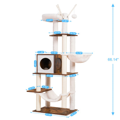 Hey-brother Wooden Cat Tree, 66.1“ Cat Furniture with Scratching Posts, Modern Cat Tower with hammocks, Toys, cat condo, Rustic Brown MPJ120SR