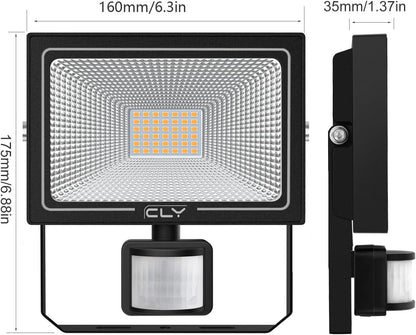 CLV 35W Plug in Security Lights with Motion Sensor, Upgrade 30W Led floodlight with UK Plug, 3000 Lumens IP66 Waterproof PIR Lights Outdoor for Garden, Forecourt, Garage,Pathway, 2700K Warm White
