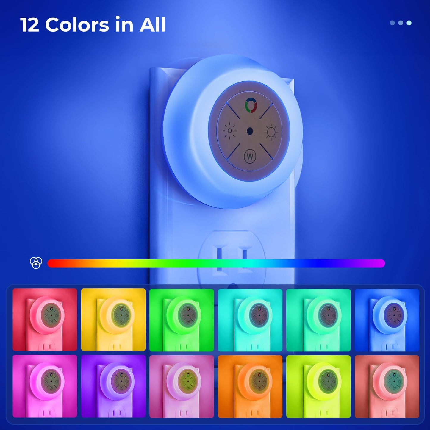 Dawnrise Night Lights Plug Into Wall,Dusk to Dawn Sensor,2 Pack,12-Color Changing Led Plug in Night Light Dimmable for Bedroom,Stairs,Kitchen,Hallway,Utility Room,Kids Room