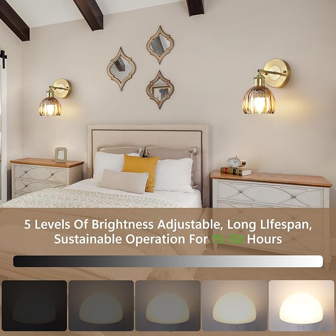 Vintage Battery Operated Wireless Wall Sconces, Rechargeable Gold Wall Lights，Amber Tulip Glass Lampshade With Remote Dimmable Wall Lighting Indoor, Led Wall Lamp Fixtures For Bedroom, Living Room