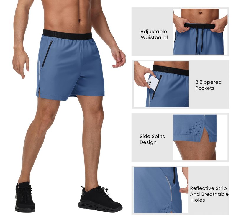 GymBrave Men's 5 inch Athletic Running Shorts with Zipper Pockets Lightweight Quick Dry Workout Gym Shorts for Men Blue S