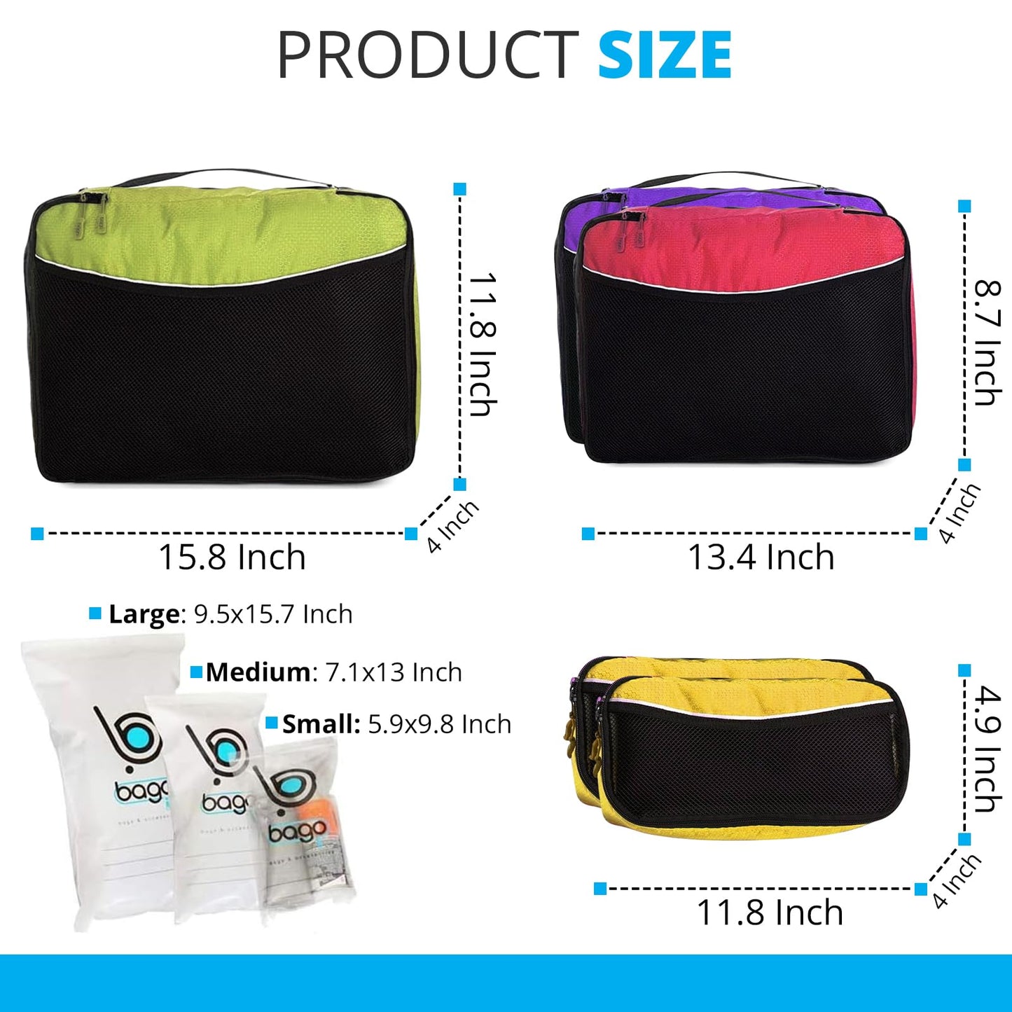 bago 8 Pcs Packing Cubes For Travel - 5 Packing Cube with 3 ZipLock Bags - Travel Cubes to Get Maximum Storage, Save Time & Effort to Pack - Happy Traveling (GreenRedPurpleYellow)