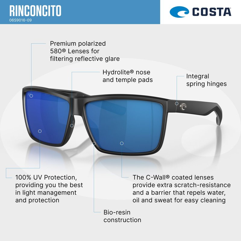 Costa Man Sunglasses Matte Black Frame, Blue Mirror Lenses, 60MM