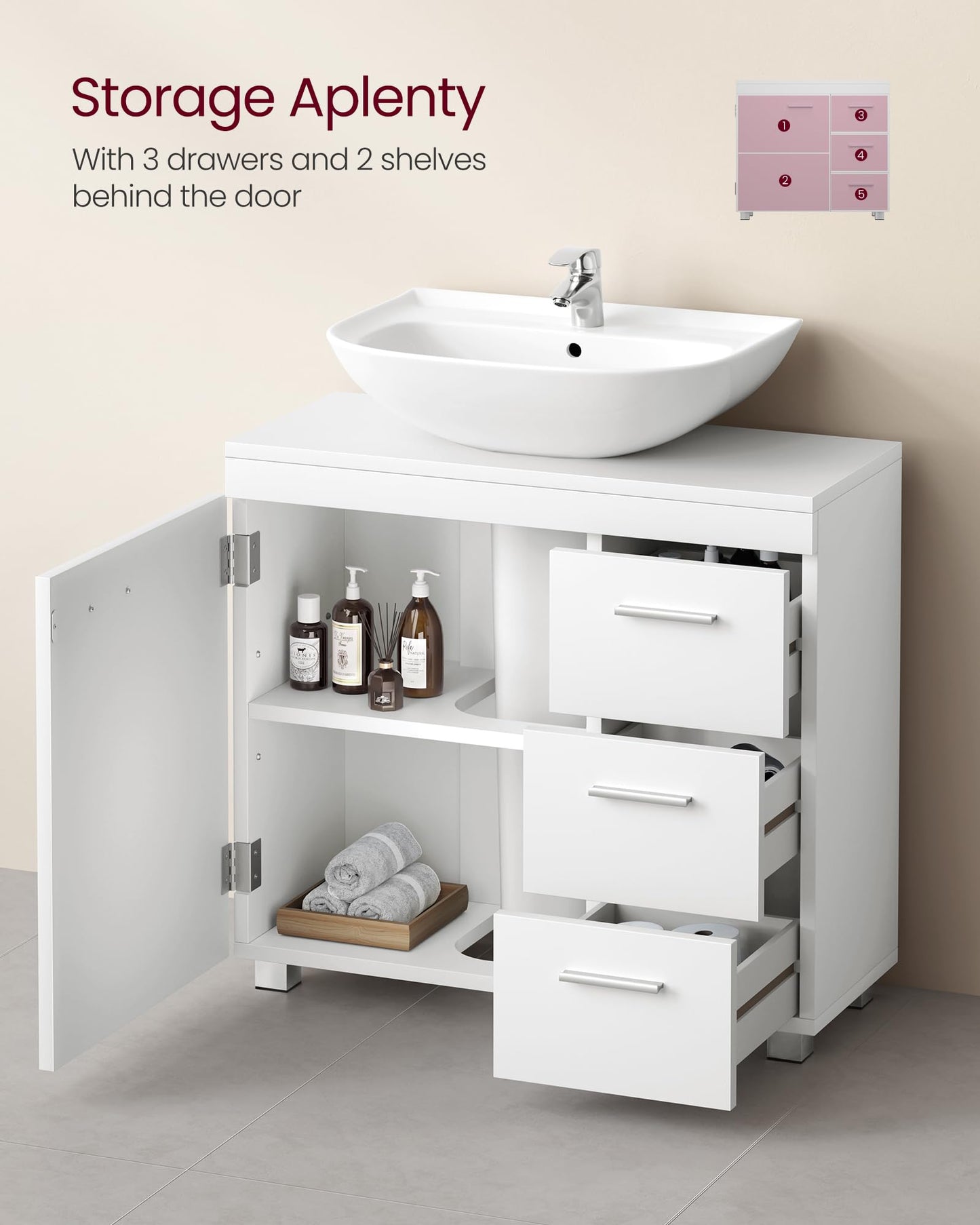 VASAGLE Under Sink Bathroom Cabinet, Storage Cabinet, with 3 Drawers, 2 Compartments Behind the Door, for Washbasins with Pedestal, with Feet, 30 x 70 x 64 cm, Cloud White BBK504W01