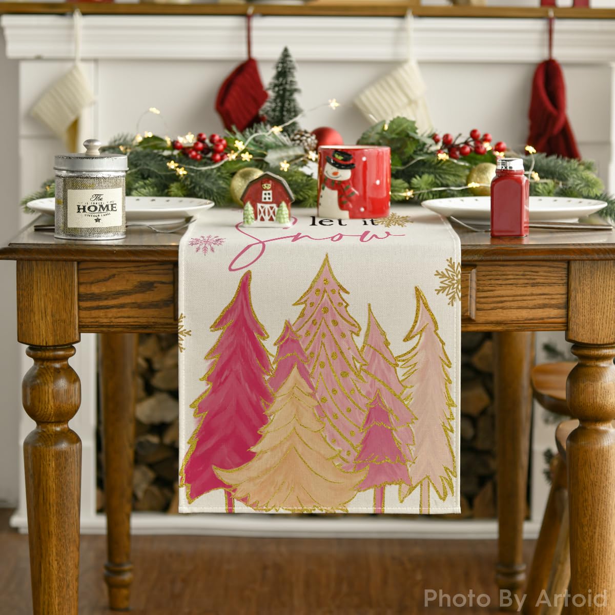Artoid Mode Pink Christmas Tree Let It Snow Snowflake Table Runner, Seasonal Winter Kitchen Dining Table Decoration for Home Party Outdoor 13x72 Inch