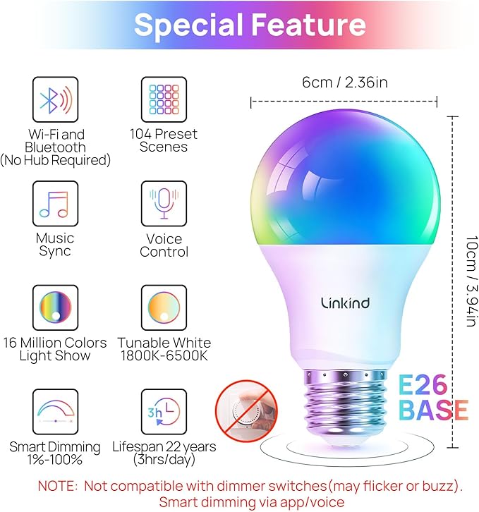 Linkind Smart Light Bulbs, Smart Bulb That Work with Alexa & Google Home, LED Light Color Changing, A19 E26 WiFi Light Bulb Dimmable, RGBTW Alexa Bulb No Hub Needed 800 Lumen, 2.4Ghz WiFi, 6 Pack