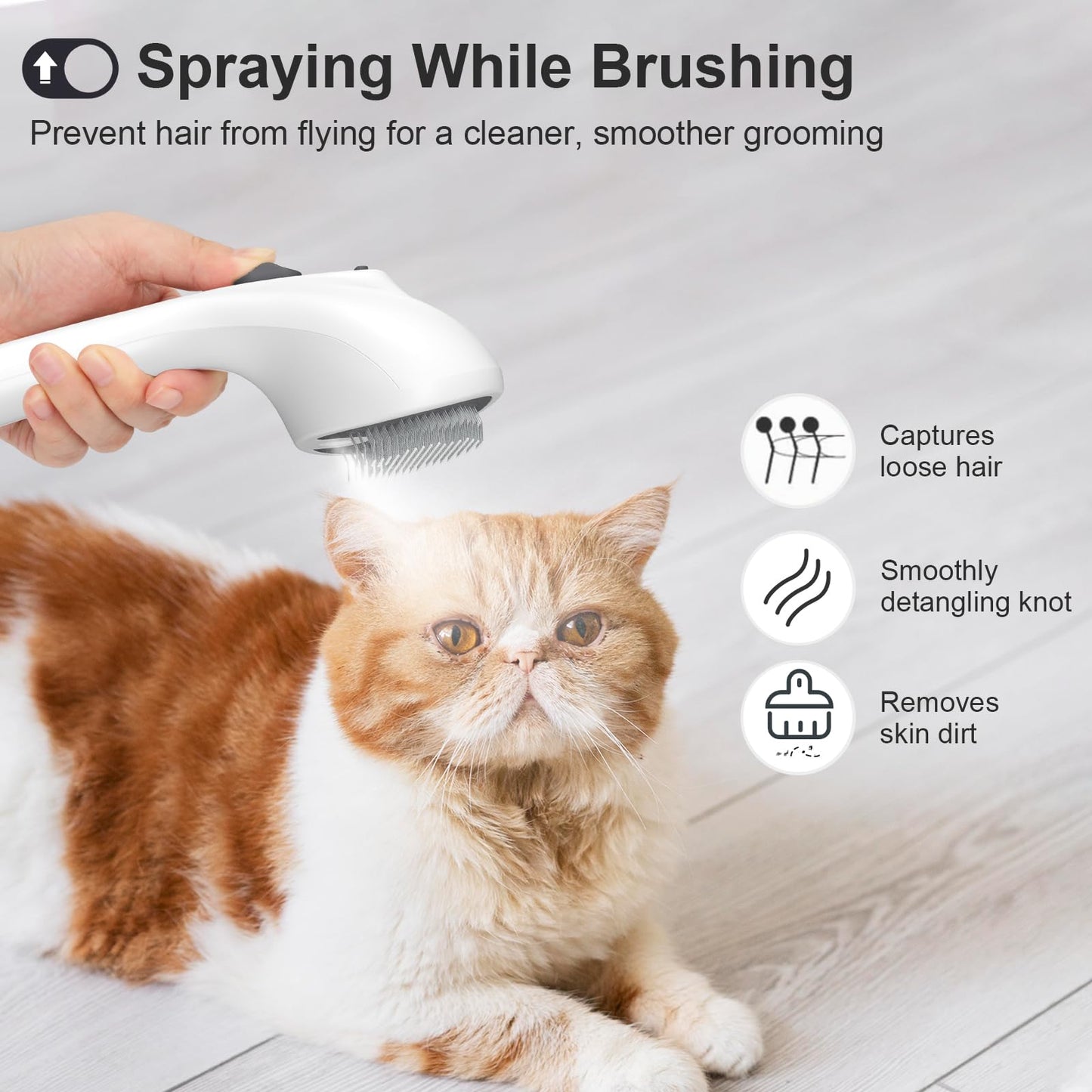 Euqvunn Steam Cat Brush with Release Button, [Ultra-Quiet Design/Comfort-Grip Handle] Pet Spray Dog Brush, Rechargeable Pet Steam Brush for Long Short Hair Cats, Dogs, Rabbits Grooming(Gray-White)