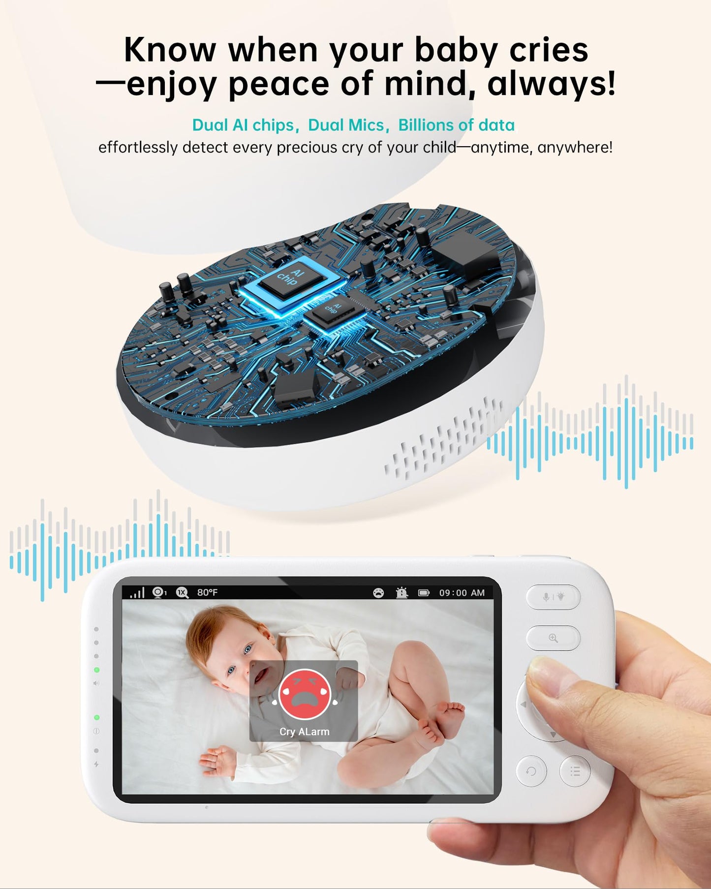 Jartoo 2K Video Baby Monitor with Camera and Audio, 3000ft Long Range Baby Monitor No WiFi 5.5" FHD Screen ANC Baby Camera Wireless, Feeding Clock, Night Vision, 2-Way Talk, AI Cry Detect, 6000mAh