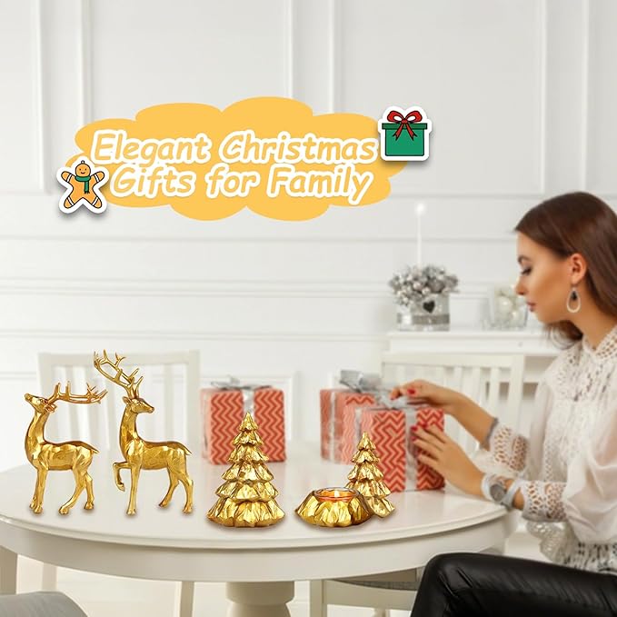 Christmas Reindeer Figurines 4 PCS Resin Tree Decorations Indoor Xmas Collectible Deer Statue Cute Holiday Ornament with 2pcs Tealights for Table Home