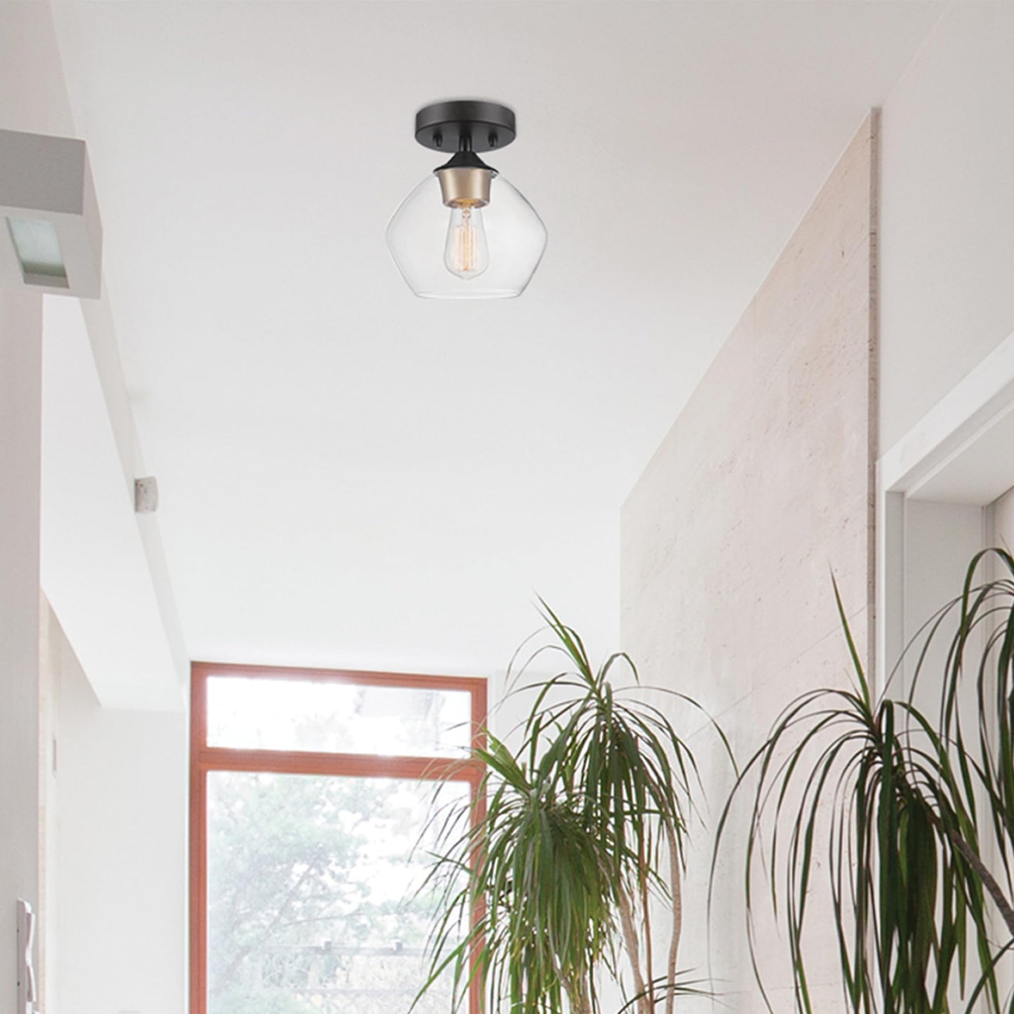 GLOBE Electric Harrow 1-Light Semi-Flush Mount Ceiling Light with a Matte Black Finish, Gold Accent Socket and Clear Glass Shade, Dimmable Option