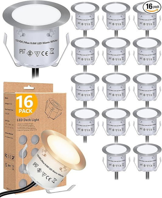 HIBOITEC Recessed LED Deck Light Kits(16Pack), 12V Low Voltage Landscape Lighting IP67 Waterproof Outdoor Step Stair Lights Warm White Deck Lighting for Garden Yard Steps Stair Patio Floor Decoration
