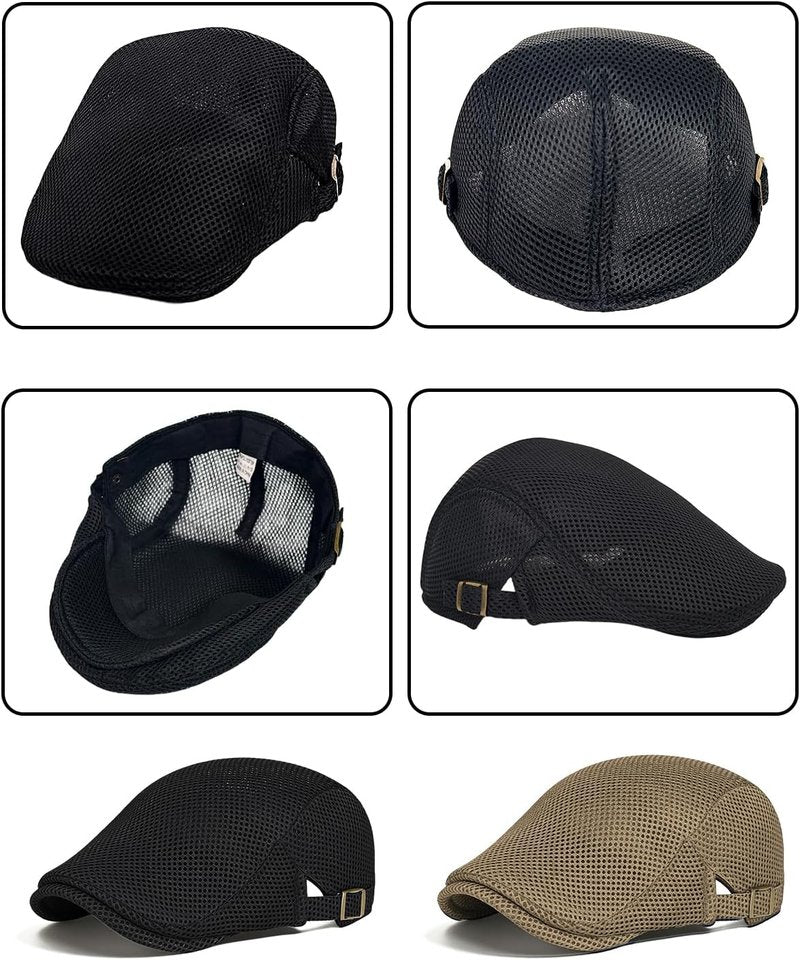 Men's Flat Caps - Adjustable Breathable Mesh Newsboy Beret | 2-Pack Irish Cabbie Hats