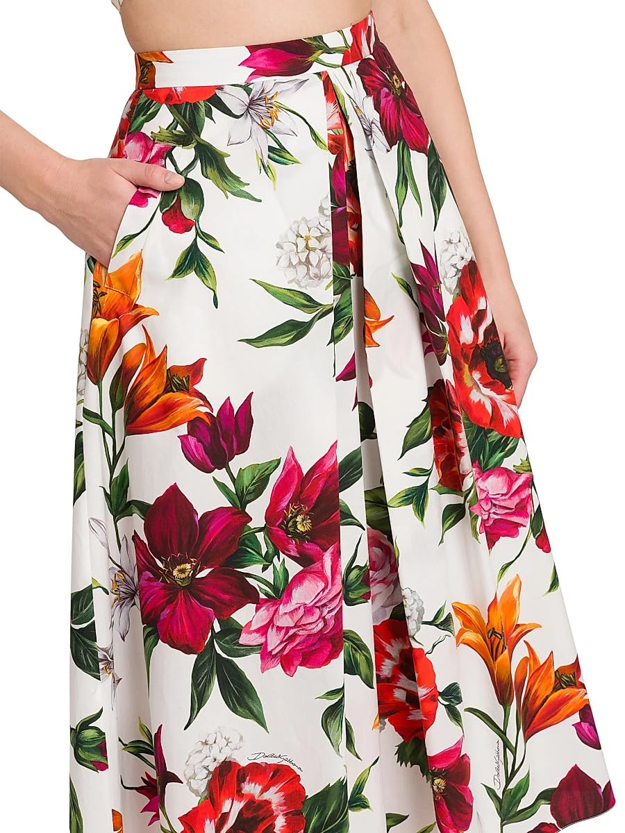 Dolce&Gabbana, Rafia Fiori Floral Pleated Cotton Poplin Midi-Skirt, 36 (0), White Print Flower