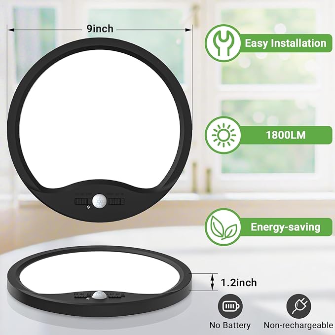zemty 9inch 18W Motion Sensor Ceiling Light Wired, 3 Sensing Modes Motion Activated Closet Lights Black, 3000K/4000K/6500K Waterproof LED Ceiling Lamp for Pantry Closet Shower Hallway-2Pack