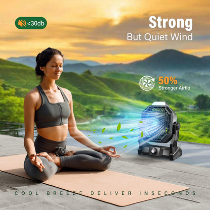 JINLICTE 10400mAh Solar Fan with LED Lantern, Camping Fan with Solar Panel, 7W Rechargeable Solar Powered for Outside, Quiet Battery Operated Tent for Picnic, Barbecue, Fishing, Travel