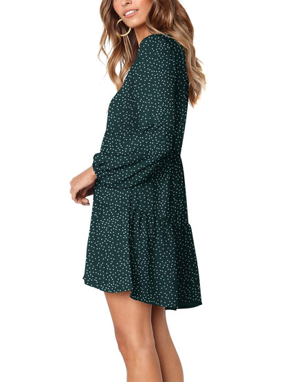 Amoretu Womens V Neck Bishop Long Sleeves Polka Dot Loose Fit Tunic Dress, Summer, Fall, 2025 (Green, S)