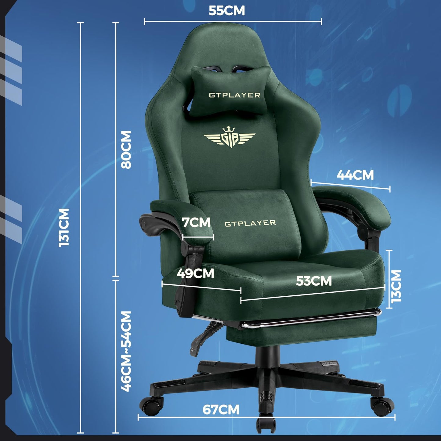 GTPLAYER Gaming Chair Fabric with Pocket Spring Cushion, Big and Tall Gamings Chairs 350LBS High Back Computer Chair with Footrest for Adults Lumbar Support Swivel Game Chair for Office Gaming Green