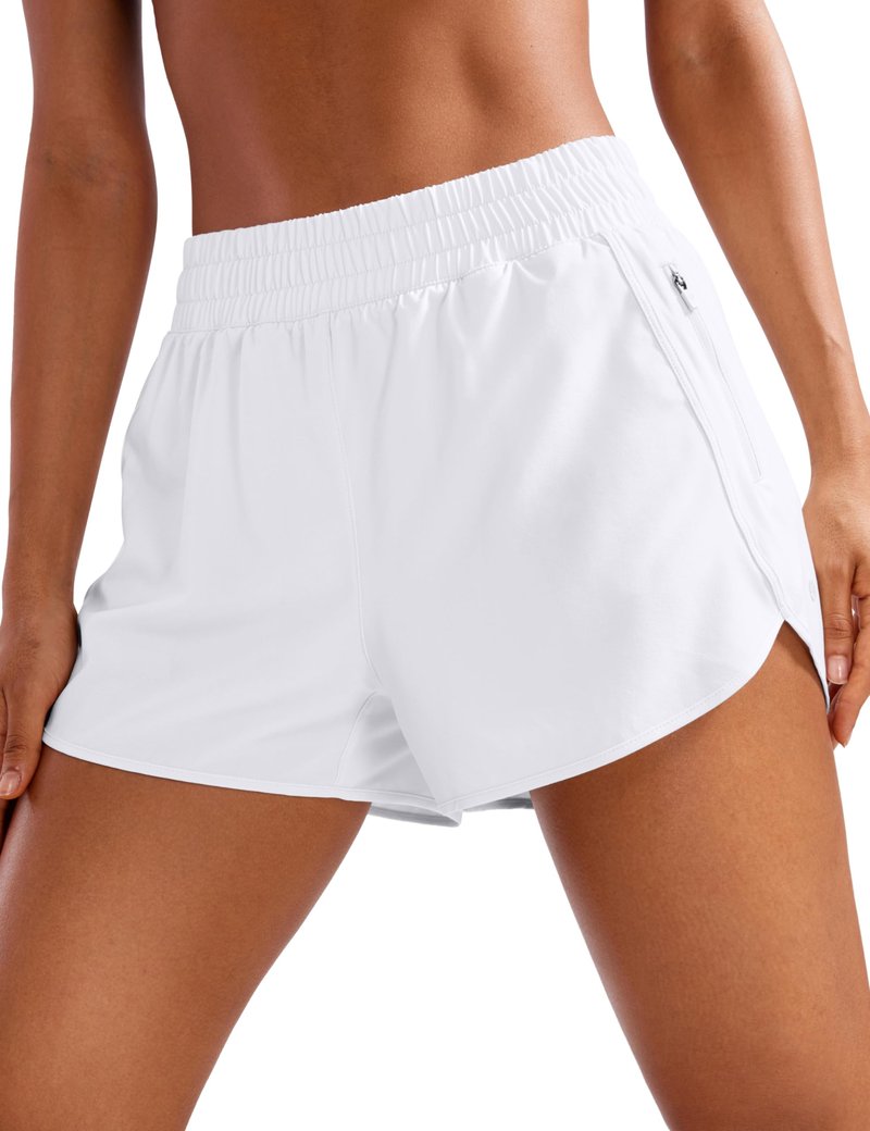 CRZ YOGA Womens High Waisted Running Shorts Mesh Liner 3'' Dolphin Quick Dry for Athletic Gym Track Workout with Zip Pocket White X-Large