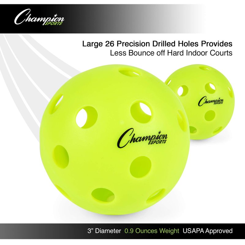 Champion Sports Indoor Pickleball Balls: USAPA Approved Official Size Tournament Pickleballs - Optic Yellow Pickleball Ball Set for Indoor Courts - 6 Pack