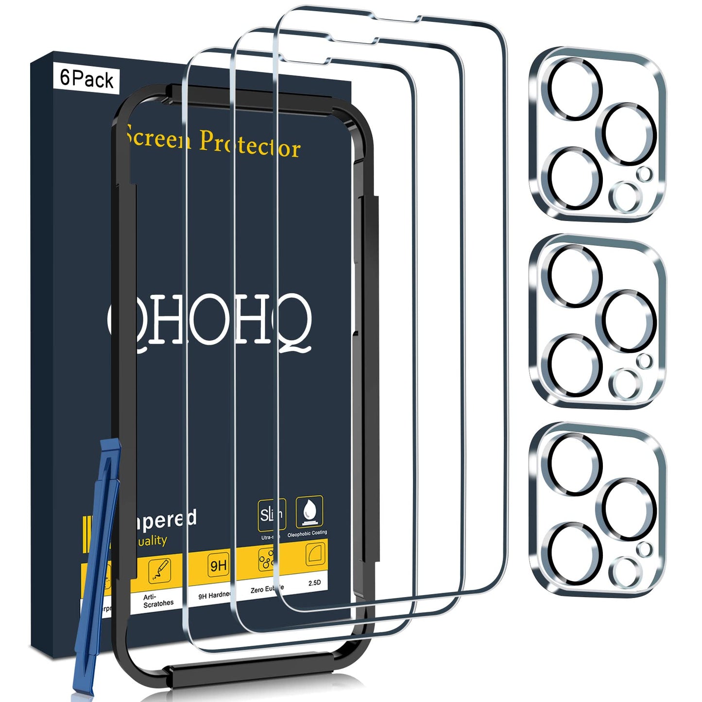 QHOHQ 3 Pack Screen Protector for iPhone 14 Pro 6.1 Inch with 3 Pack Tempered Glass Camera Lens Protector, Ultra HD, 9H Hardness, Scratch Resistant, Case Friendly