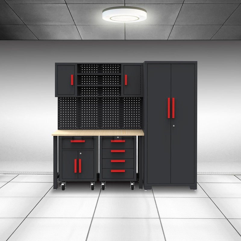 TCE Garage Cabinets Storage System: 6 Piece Set with Lockers and Workbench for Home, Office, Gym, School, Black/Grey
