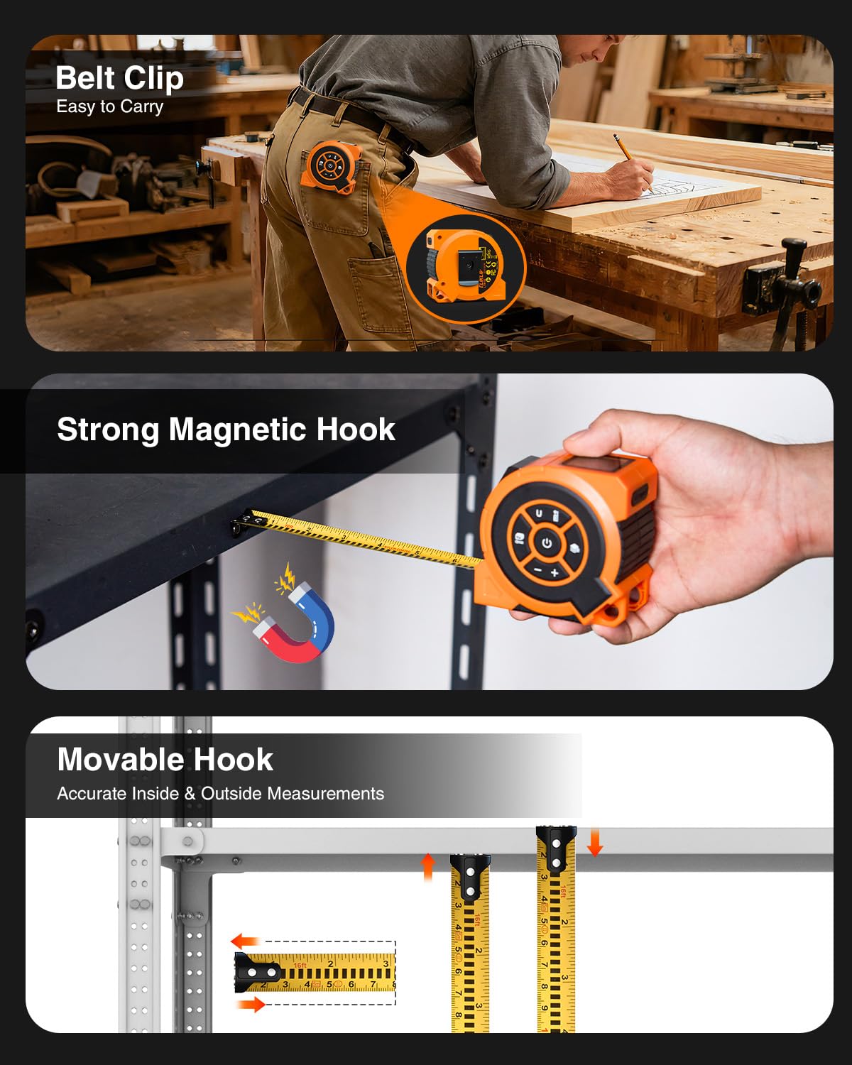 328Ft 3-in-1 Digital Laser Tape Measure Rechargeable Measuring Tool &16Ft Auto-Lock Tape Measure Movable Magnetic Hook with Area/Volume/Pythagorean, Ft/in/M/Ft+in for Construction;Woodworking;Home DIY