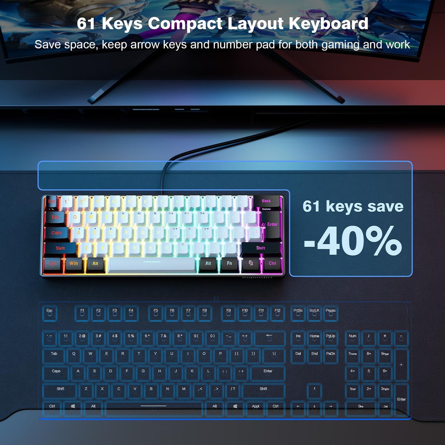 Snpurdiri 60% Wired Gaming Keyboard, RGB Backlit,Ultra-Compact Mini Keyboard with Detachable Cable,Black and White Color