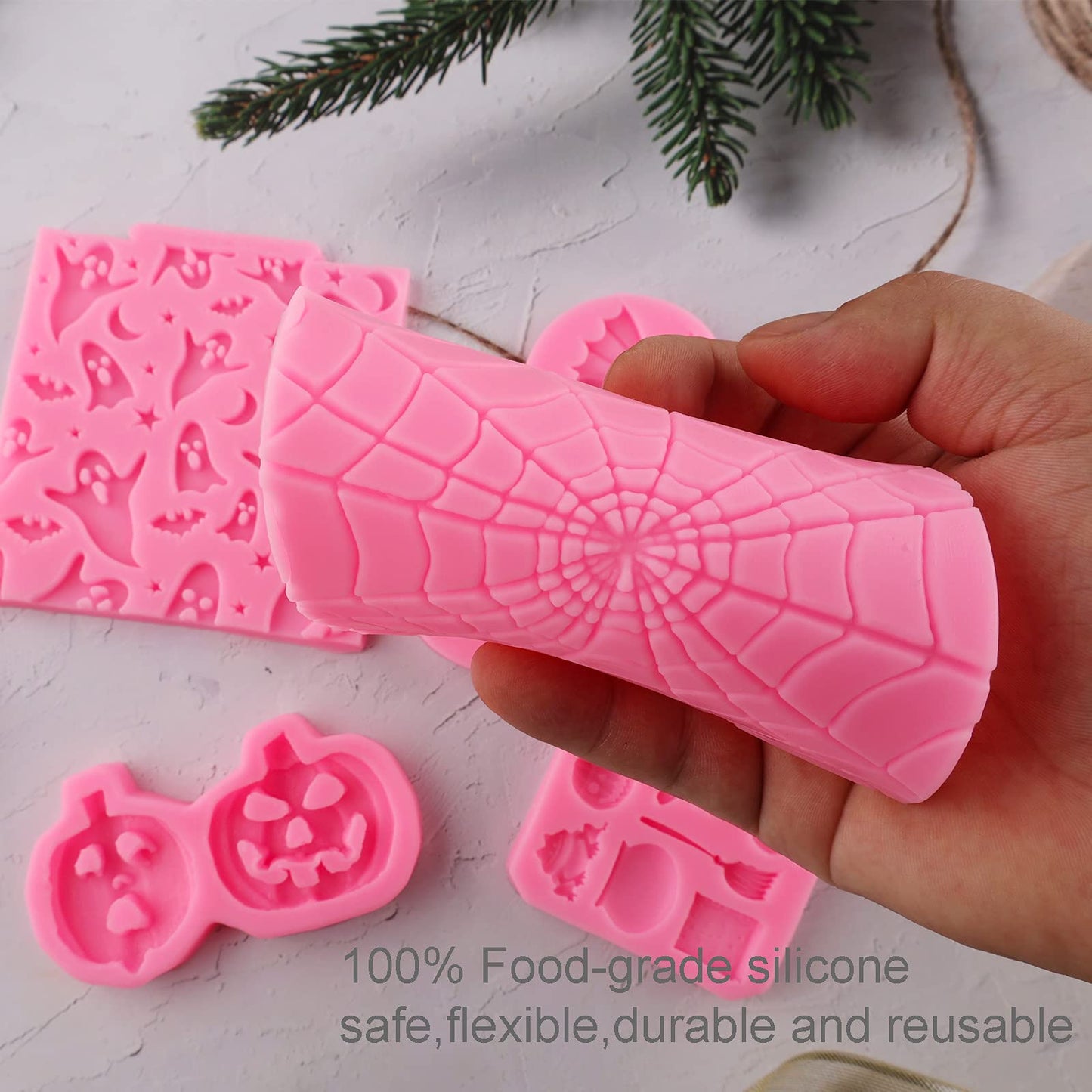 Halloween Silicone 7-Pack Pumpkin Cake & Cupcake Chocolate Skull Batskeleton Hand Bat Ghost Witch Candy Molds for Party