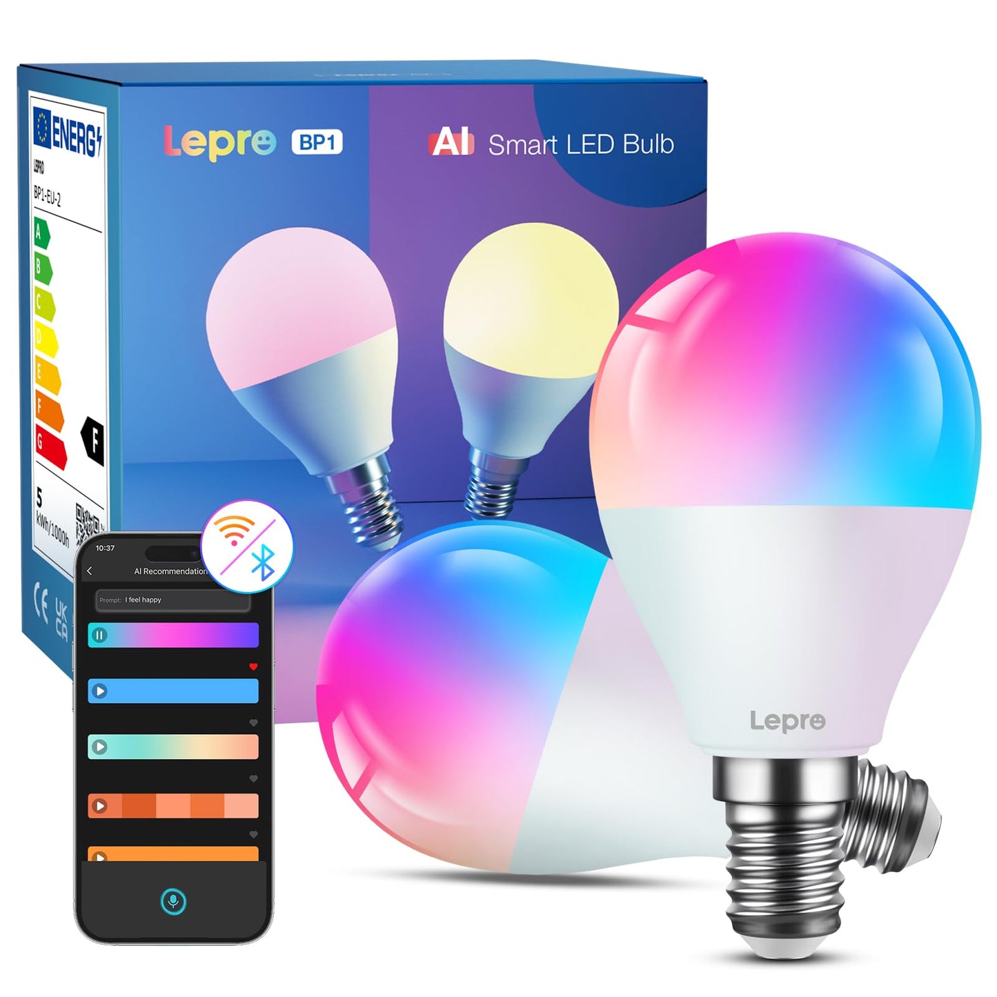 Lepro BP1 AI Smart Bulb E14 RGBWW, Music Sync, Works with Alexa, Google Assistant, 470LM Dimmable, 4.9W = 40W, Small Edison Screw SES, APP & Voice Control, AI Lighting Design Assistant, 2 Packs