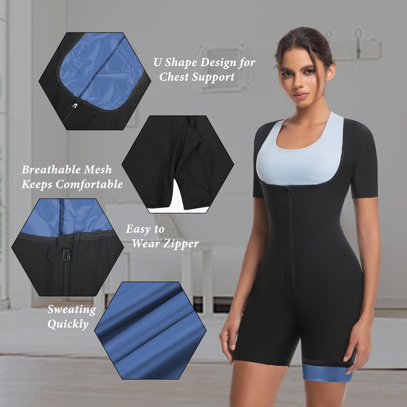 Meiosuns Sauna Sweat Suit for Women Weight Loss Waist Trainer Full Body Compression Sweat Suit 4 in 1 Slimming Heat Trapping Sauna Shirt for Workout Bodysuit Gym Fitness Shaper Thighs (Blue,XL)