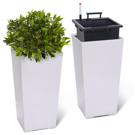 Takywep Tall Planter Self-Watering Set of 2, 22.4 Inch Wicker Rattan Plant Pots with Drainage, Water Level Monitor & Wheels, Large Outdoor Indoor Flower Pot for Porch, Front Door & Patio,White