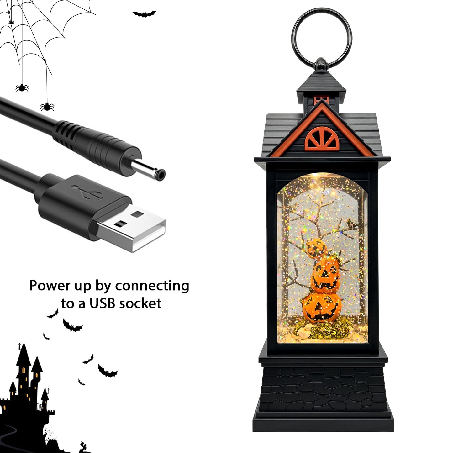 LSISOVO Halloween Snow Globe Lantern with 6 Hour Timer,Halloween Decorations Indoor for Home,Halloween Decor,USB or Battery Powered for Halloween Lanterns,Halloween Pumpkin Lantern