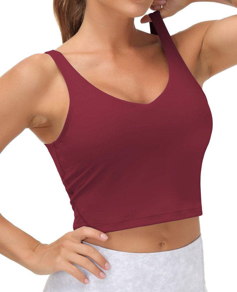 Women’s Longline Sports Bra Wirefree Padded Medium Support Yoga Bras Gym Running Workout Tank Tops Wine Red