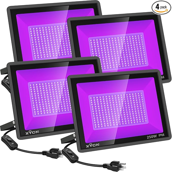 4 Pack 250W LED Flood Black Lights,395nm to 405nm UV Outdoor Flood High Power Blacklight Light with Plug in, IP66 Waterproof Large Black Light Spotlight for Glow Party Large Space, Halloween