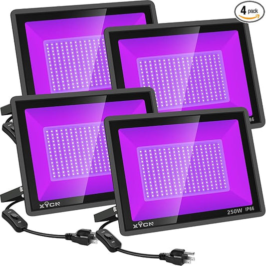 4 Pack 250W LED Flood Black Lights,395nm to 405nm UV Outdoor Flood High Power Blacklight Light with Plug in, IP66 Waterproof Large Black Light Spotlight for Glow Party Large Space, Halloween