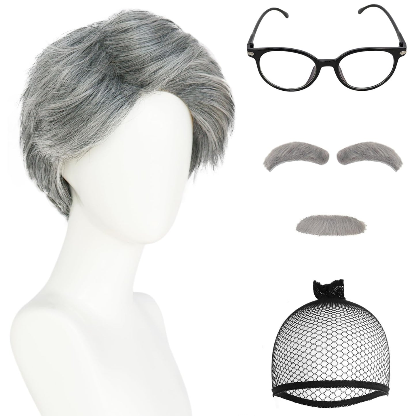 IMEYLE 4 Pcs Set Old Men Wig (2 Eyebrows+1 Mustache+1 Glasses+1 Wig Cap) 100 Days of School Wigs Grandpa Costume Accessory Kit Short Sliver Grey Hair Wigs Men for Costume Halloween Party+Hair Cap