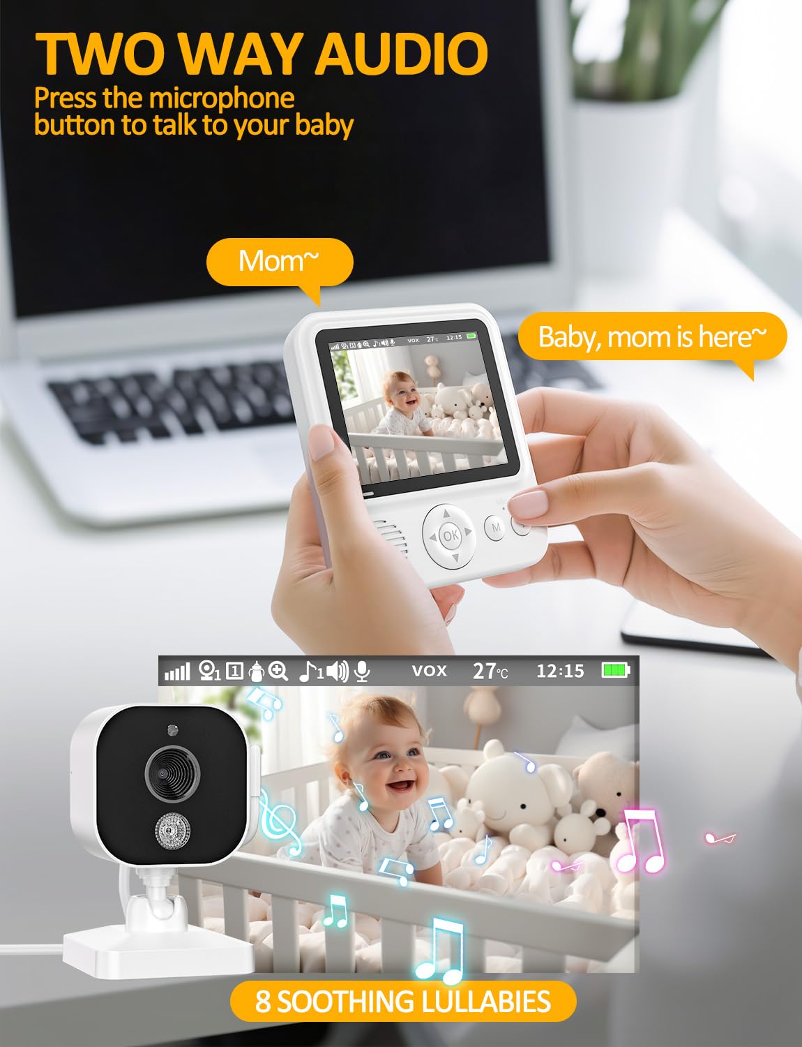 BURNNOVE Baby Monitor with Camera and Night Vision 720P IPS Video Baby Monitor with Camera 2000mAh 2.8'' VOX Mode Safe No Wi-Fi Digital Zoom 2-Way Audio Temperature Sensor Feeding Alarm for Parents