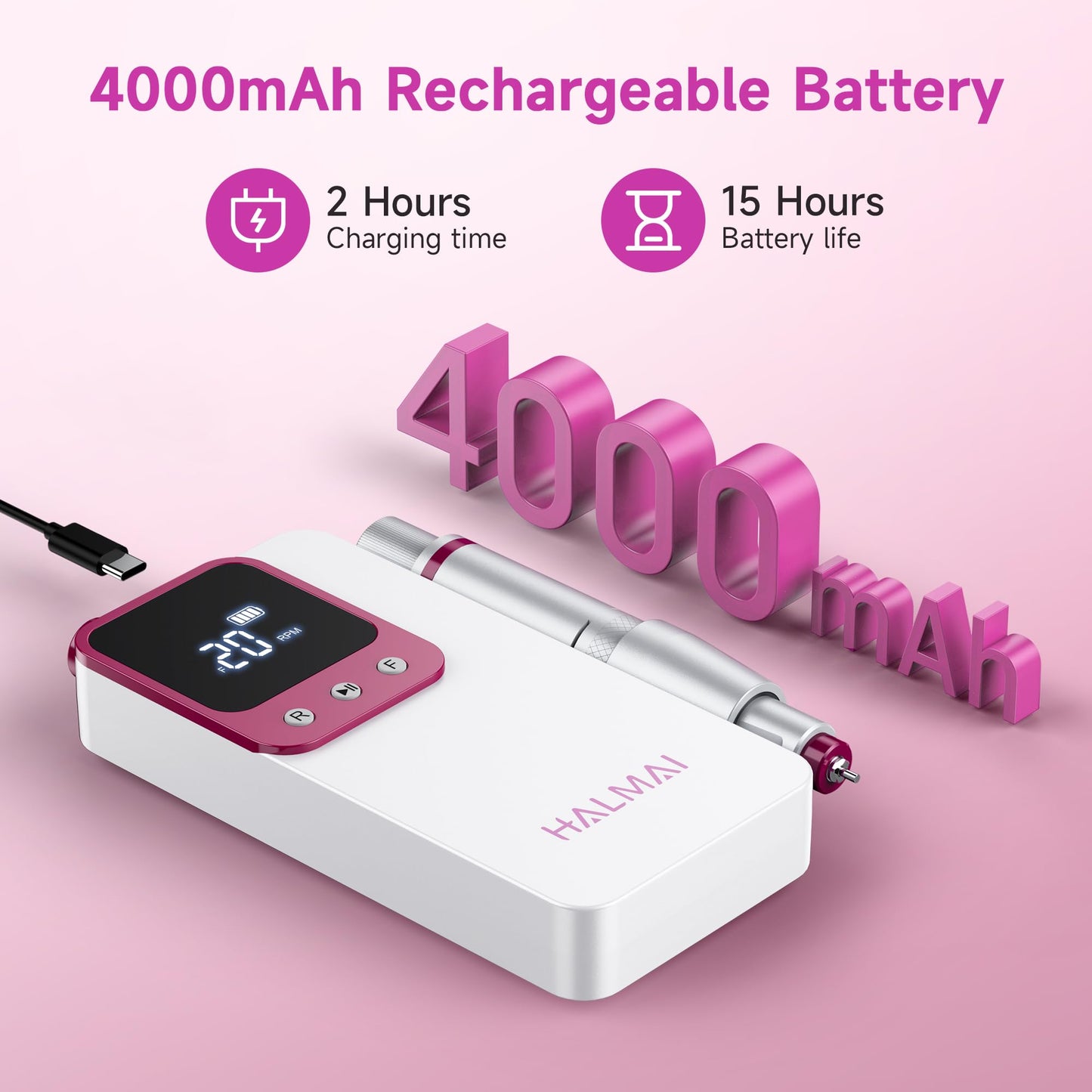 Electric Nail Drill Professional, Portable Nail File for Acrylic Gel Nails, Cordless Rechargeable Ultra Power Nail Drill Kit 40000RPM, HMC320 Salon-Grade Efile Nail Machine (Dark Grey)
