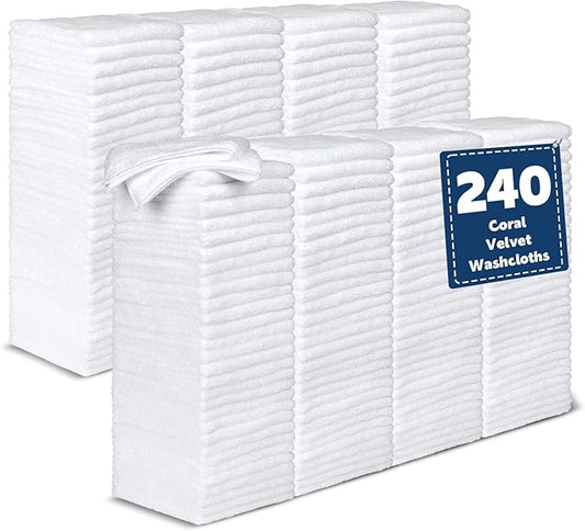 Coral Velvet Washcloths Bulk -240 Pack, Highly Absorbent and Soft White Face