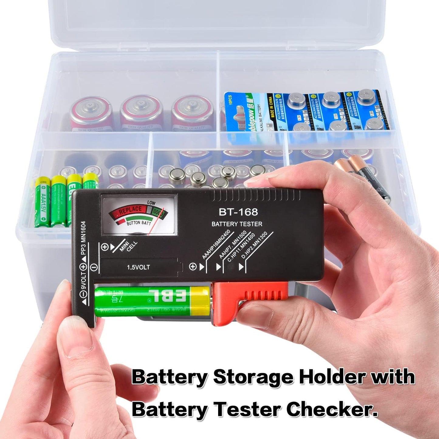 Battery Organizer Holder with Batteries Tester Checker, 120+ Storage Containers Box Case Fits for AA AAA 9V C D Lithium 3V LR44 CR2016 CR1632 CR2032 CR2025 (Batteries Not Includes) -Transparent