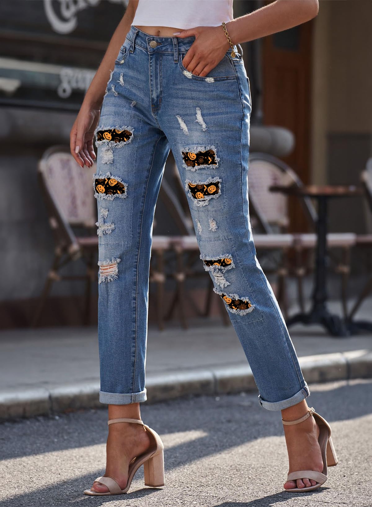 EVALESS Ripped Jeans Womens Halloween Pants Pumpkins Print Stretch Jeans Bootcut Boyfriend Distressed Jeans Cute Patchwork Trendy Denim Jeans Butt Lifting Pants with Pockets Blue X-Large