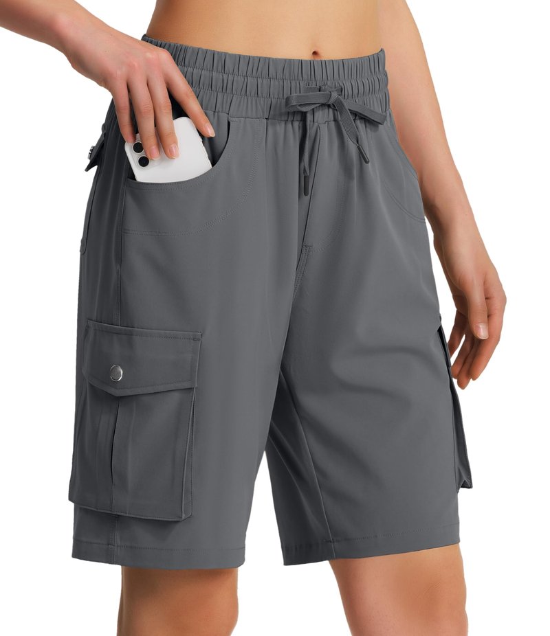 Hugut Women's 9" Hiking Cargo Shorts Quick Dry Lightweight Summer Shorts for Camping Travel Golf 6 Pockets Dark Grey