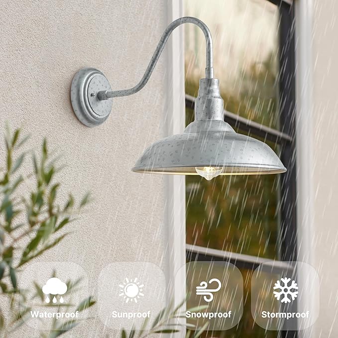 10in. Dome Outdoor Gooseneck Barn Light, 2 Pack Galvanized Steel Exterior Gooseneck Lighting Fixture with Wall Mount Farmhouse Style Outside Barn Door Wall Sconce, Waterproof, LM2201-SV-2P