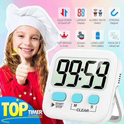 Antonki 2 Pack Digital Timer for Kids, Magnetic Countdown Kitchen Timers for Cooking, Egg, Classroom, Teacher, Exercise, Study, Oven - Battery Included