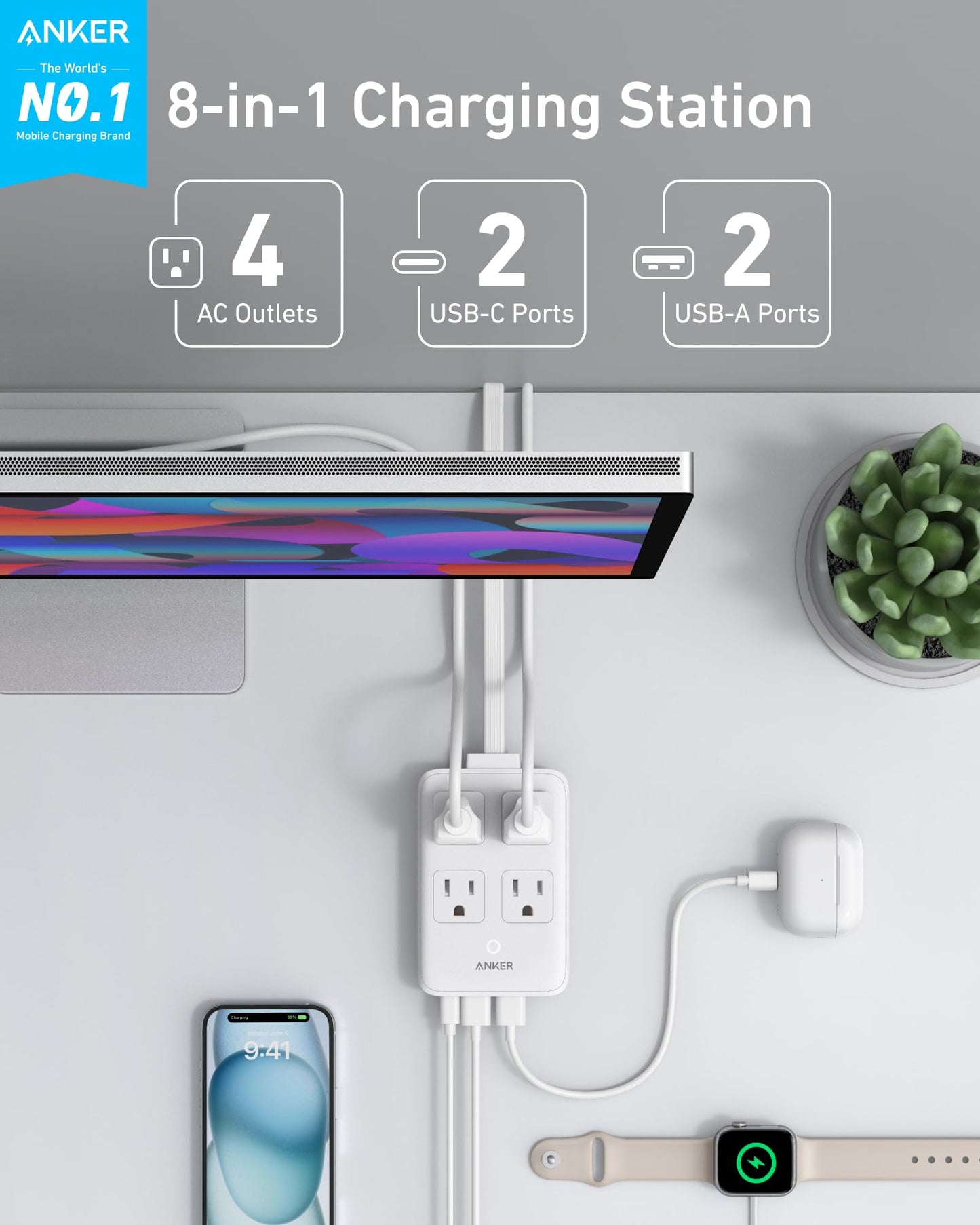 Anker Charging Station, 20W Max 8-in-1 USB-C Power Strip for iPhone 15/14 and MacBook Air/Pro, 5 ft Thin Cord with 4 AC, 2 USB-A, and 2 USB-C Ports, Fast Charging Desktop Charger for Travel, Office